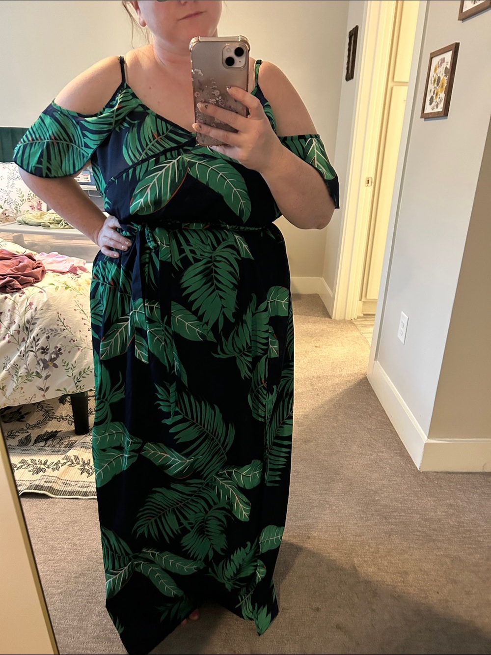 SHEIN Black Maxi Dress with Green Leaf Print